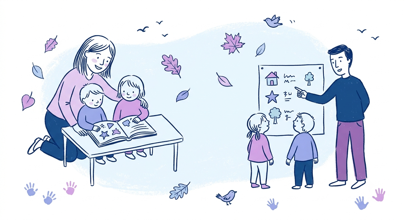 Illustration of several children of different ages engaged with the same open-ended activity at their own level