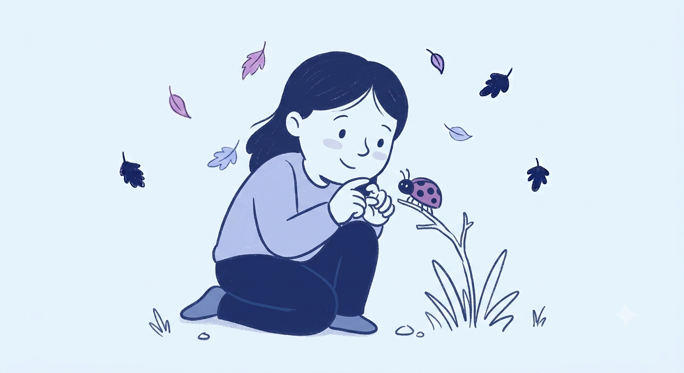 Illustration of a child crouched down closely examining something small on the ground, absorbed and curious