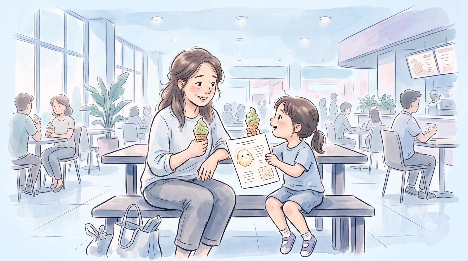 A mother and daughter sharing ice cream together, looking at a printed page with a small illustrated light character