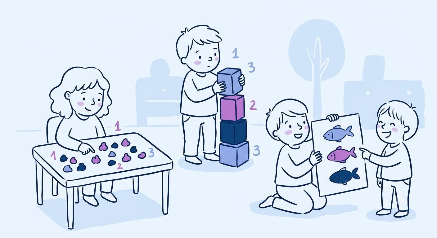 Parent and child doing counting activities at home using everyday objects