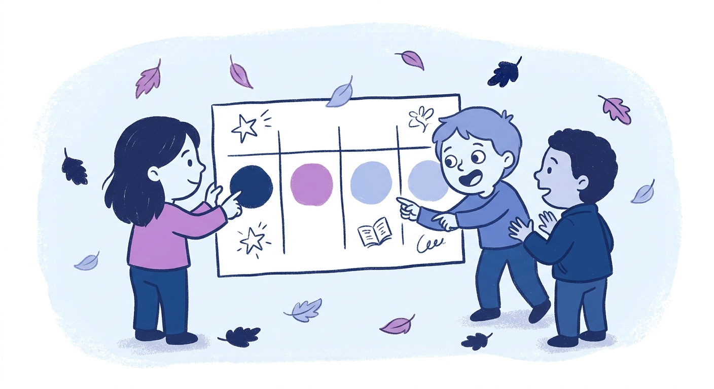Illustration of two small girls looking closely at a simple hand-drawn colour mixing chart with overlapping circles