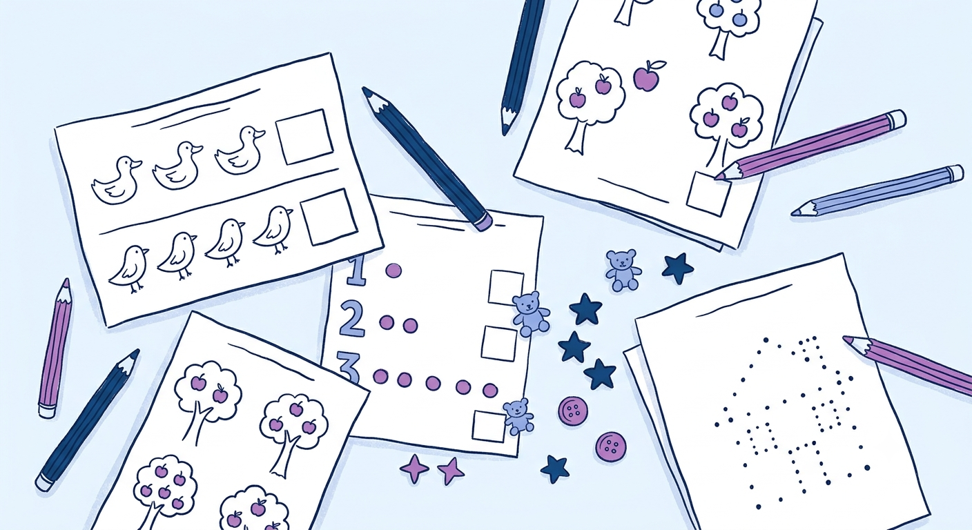 Preschool counting worksheets laid out with pencils and small counting objects