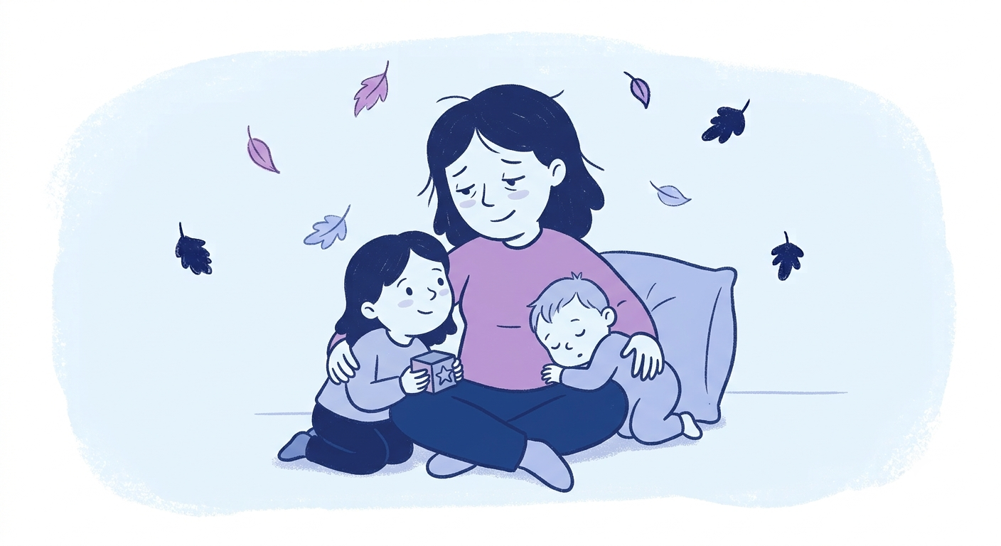 Illustration of a tired but happy parent sitting on the floor with two small children