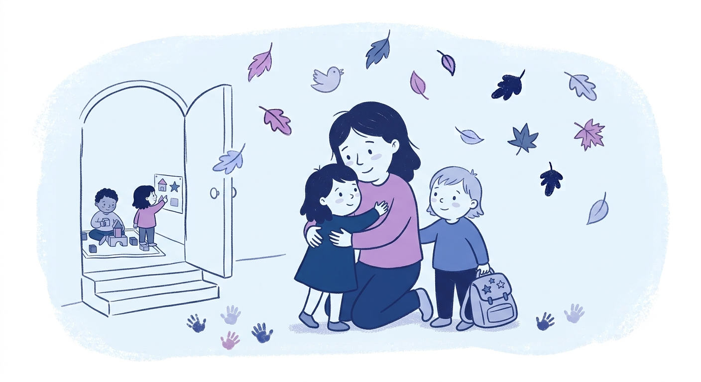 Illustration of an educator handing a parent a small note at pickup time, both smiling