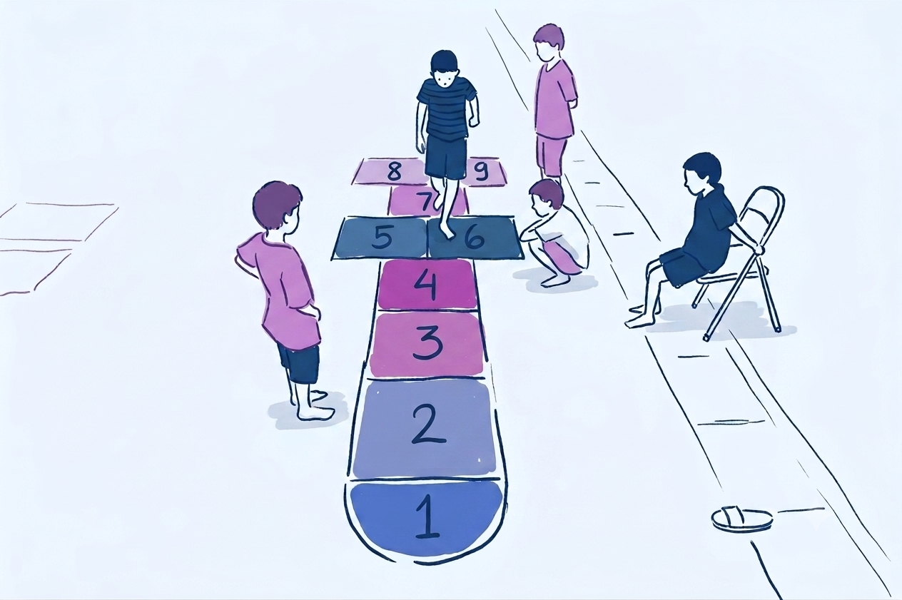 Children playing hopscotch on a numbered chalk grid outdoors