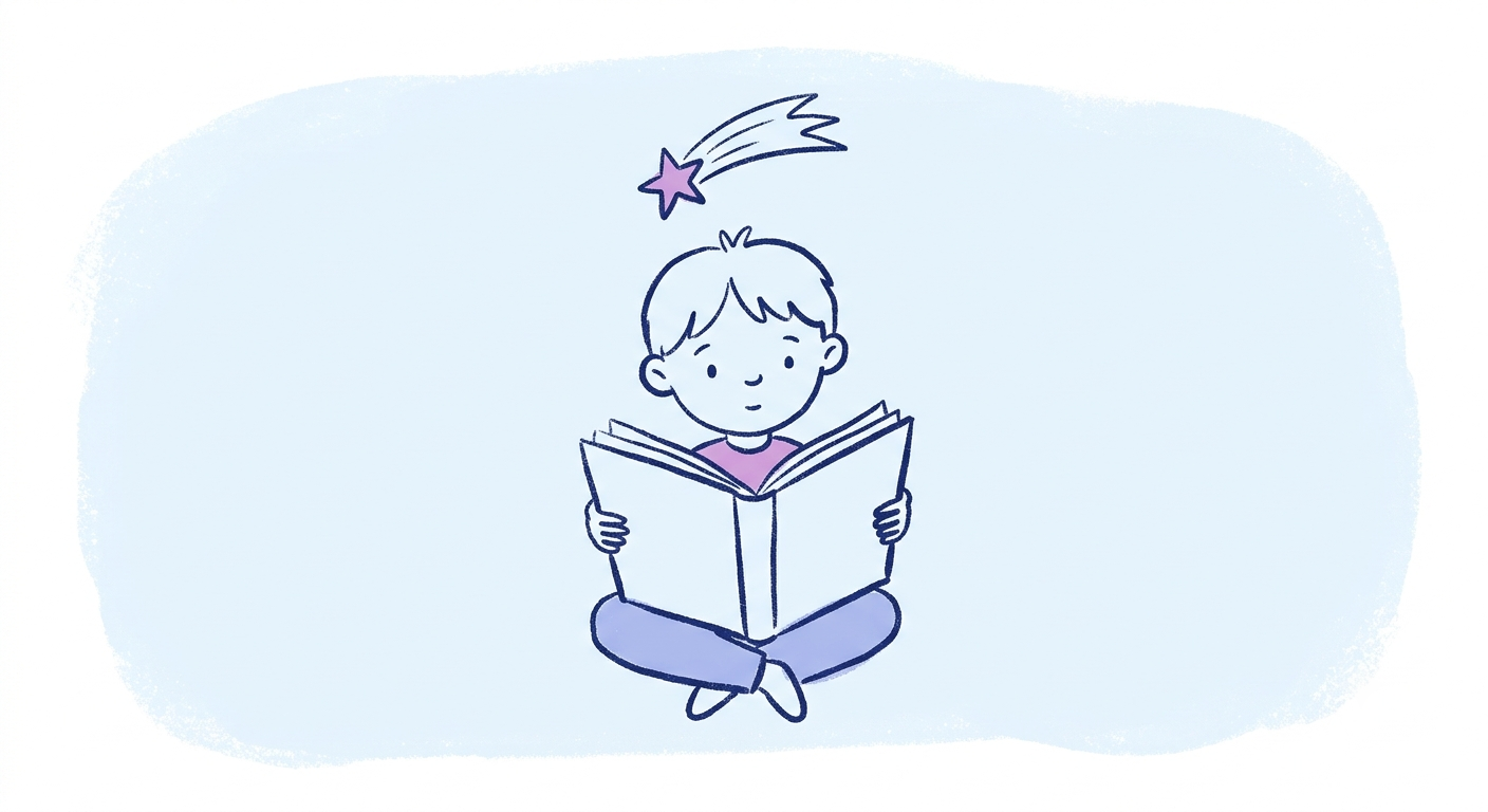 Illustration of a child engaging with letters and stories