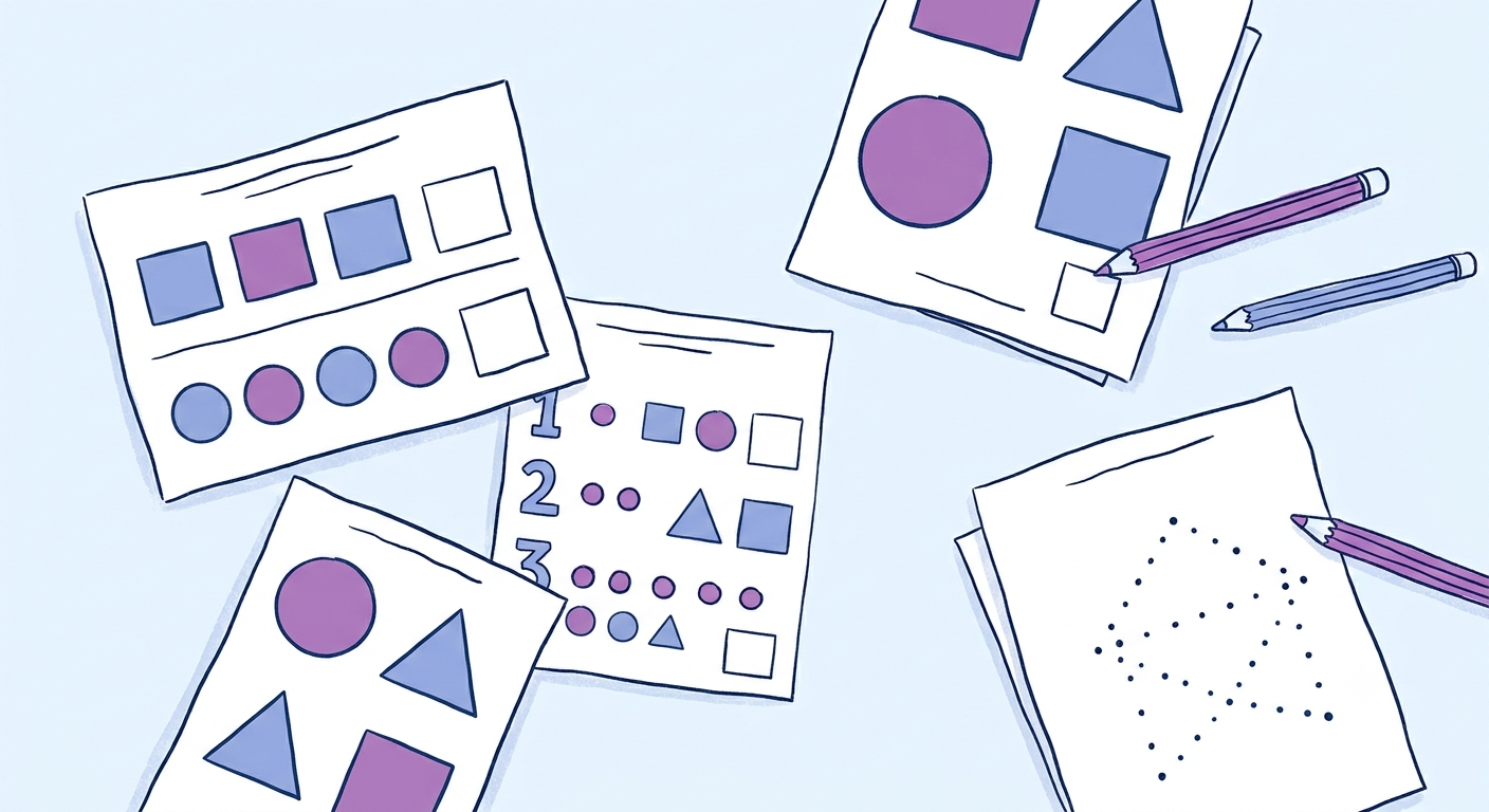 Preschool shape learning activities with sorting cards and geometric shapes