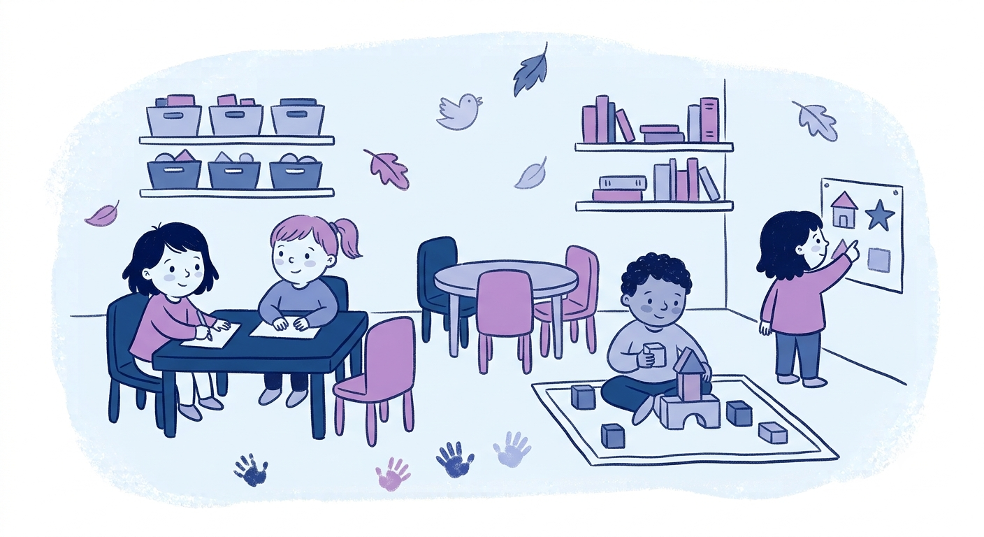Illustration of an educator writing a short observation note beside a child engrossed in play