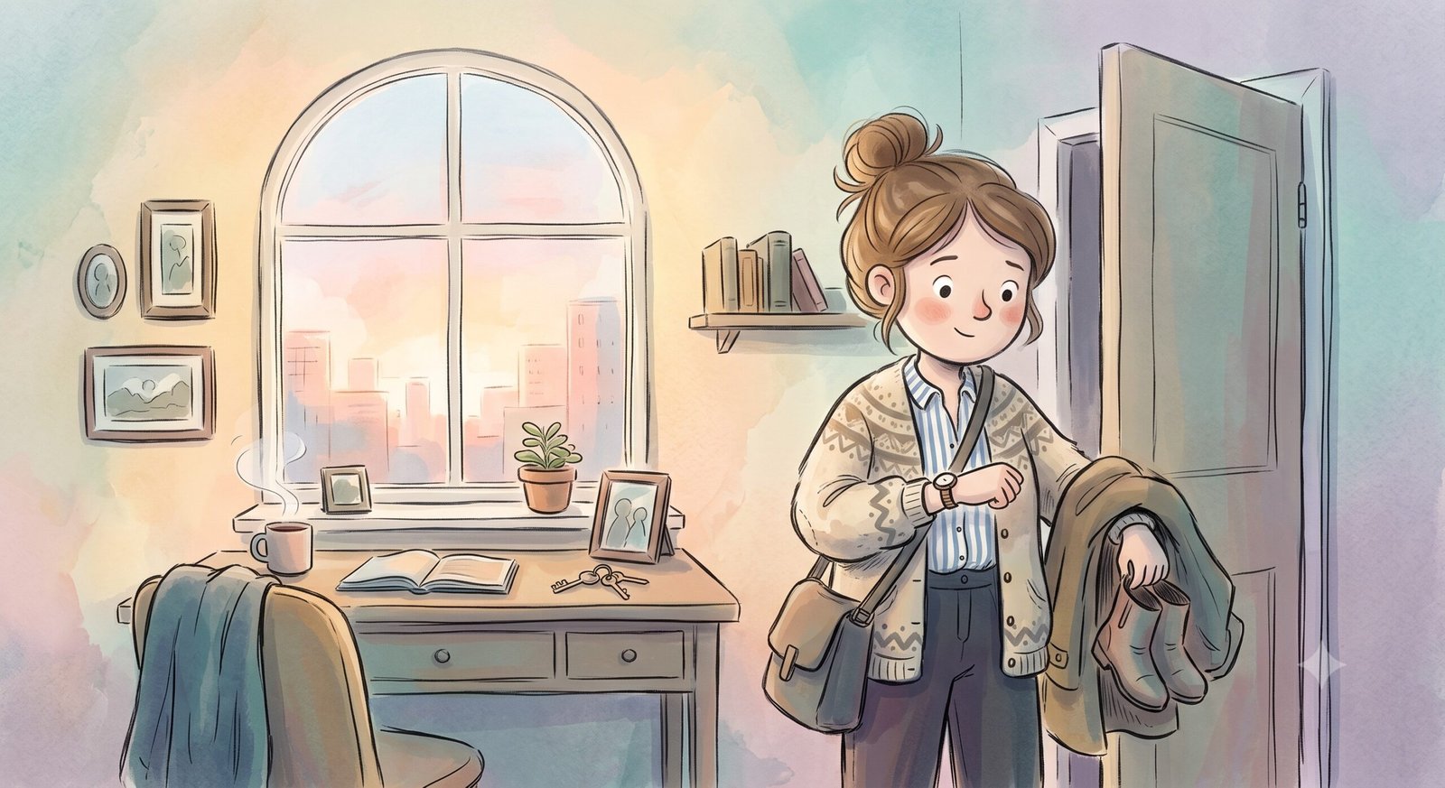 A young woman checking the time while getting ready for work in the morning, looking slightly rushed but composed