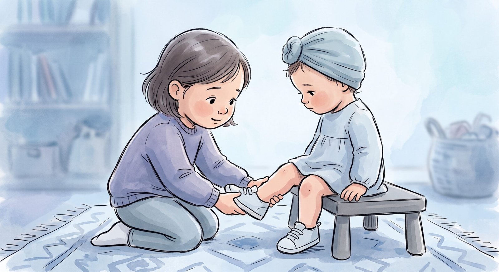 Two young sisters helping each other put on their shoes