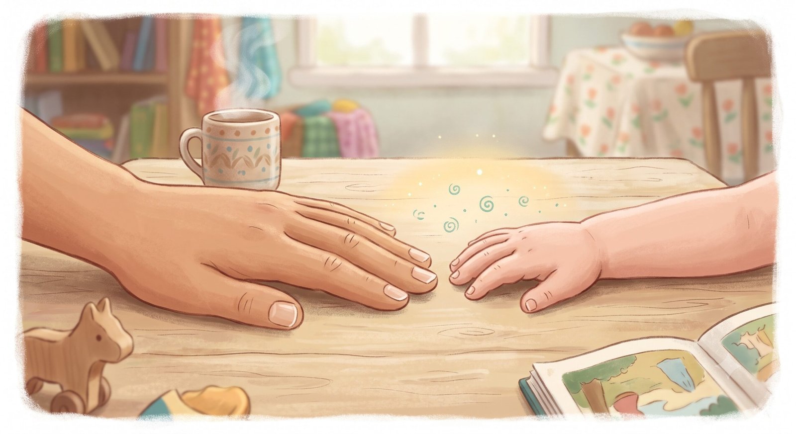 An adult's hand resting gently near a child's hand on a table, symbolising co-regulation and calm