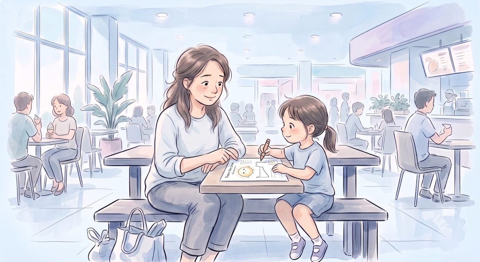 A parent and child sitting together at a table starting a worksheet calmly