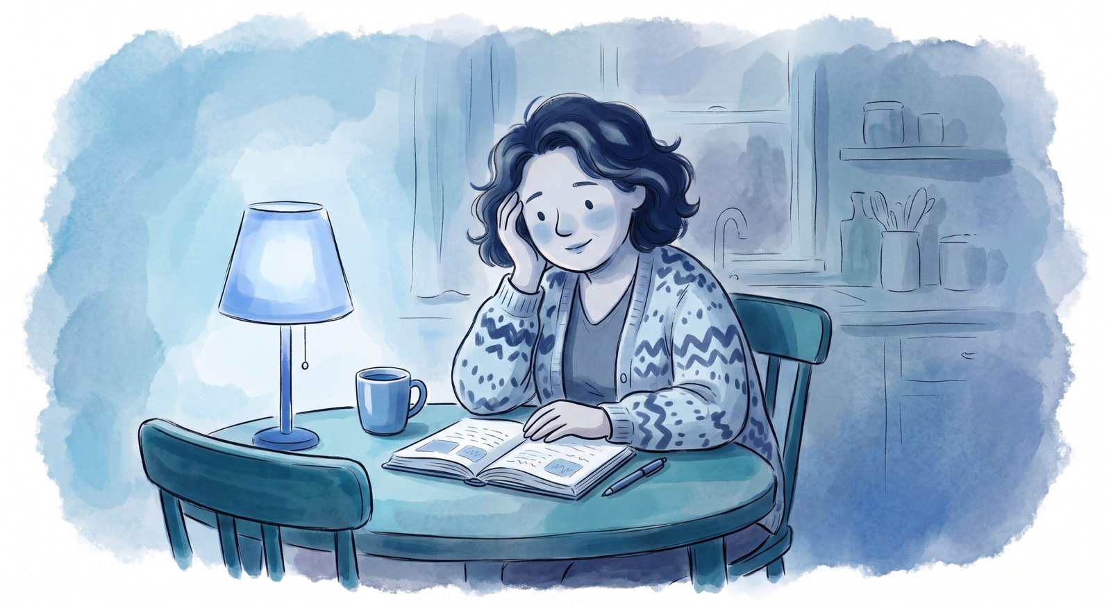 Woman sitting with a journal and cup of tea, reflective moment