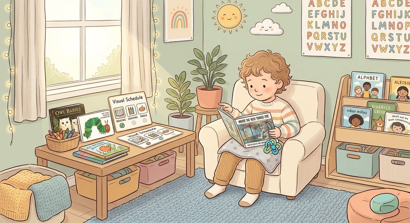 Early Literacy Skills for Preschoolers in a calm sensory friendly reading space