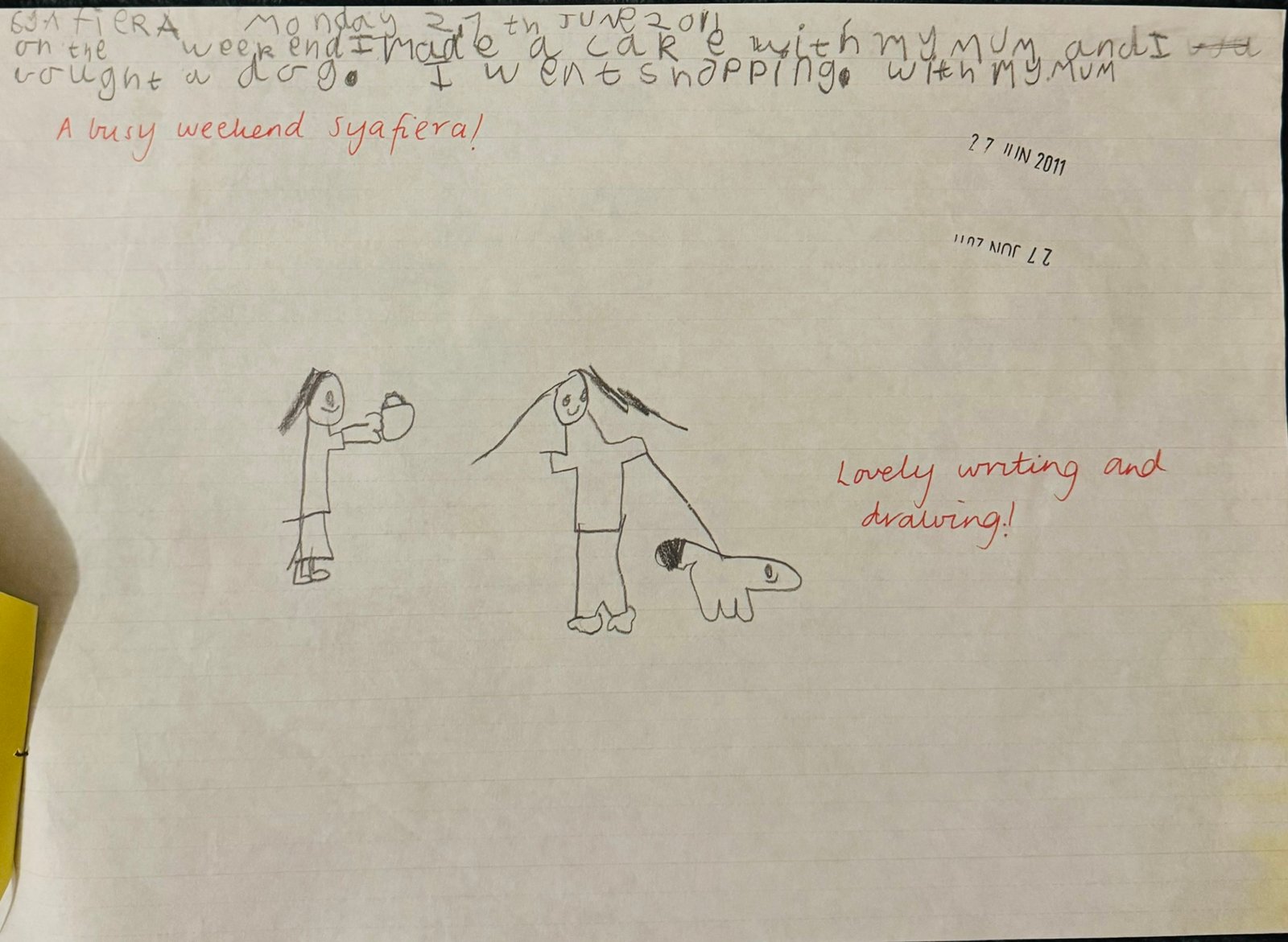 Zara's kindergarten weekend recount drawing showing drawing of baking and walking dog with English writing