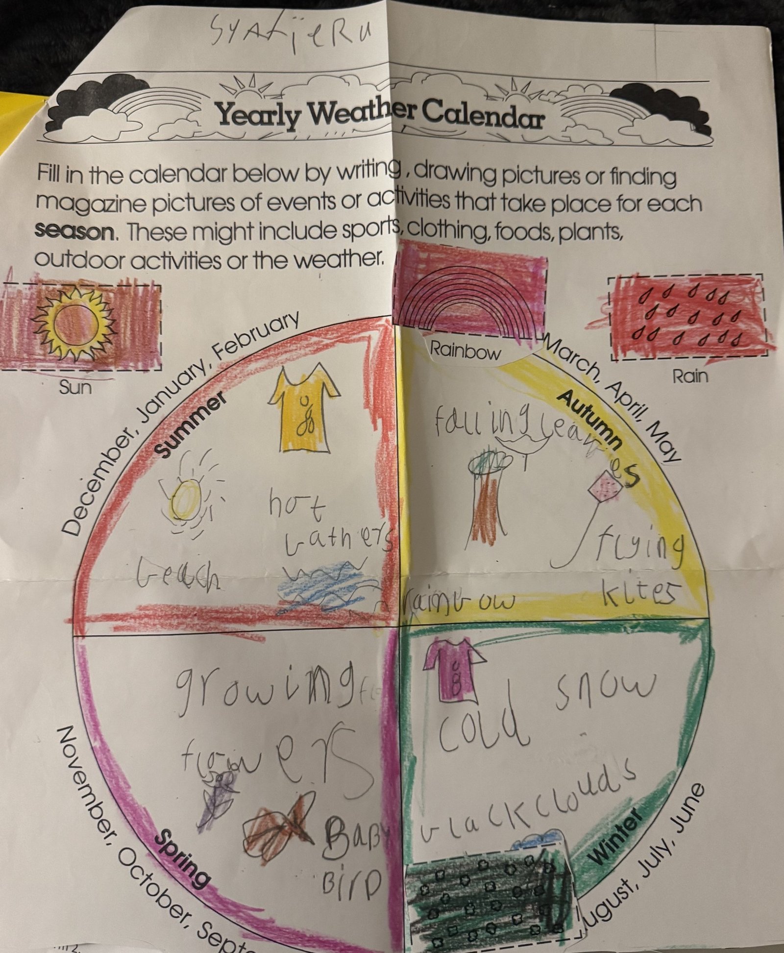 Zara's Yearly Weather Calendar showing four seasons drawn in crayon with written labels