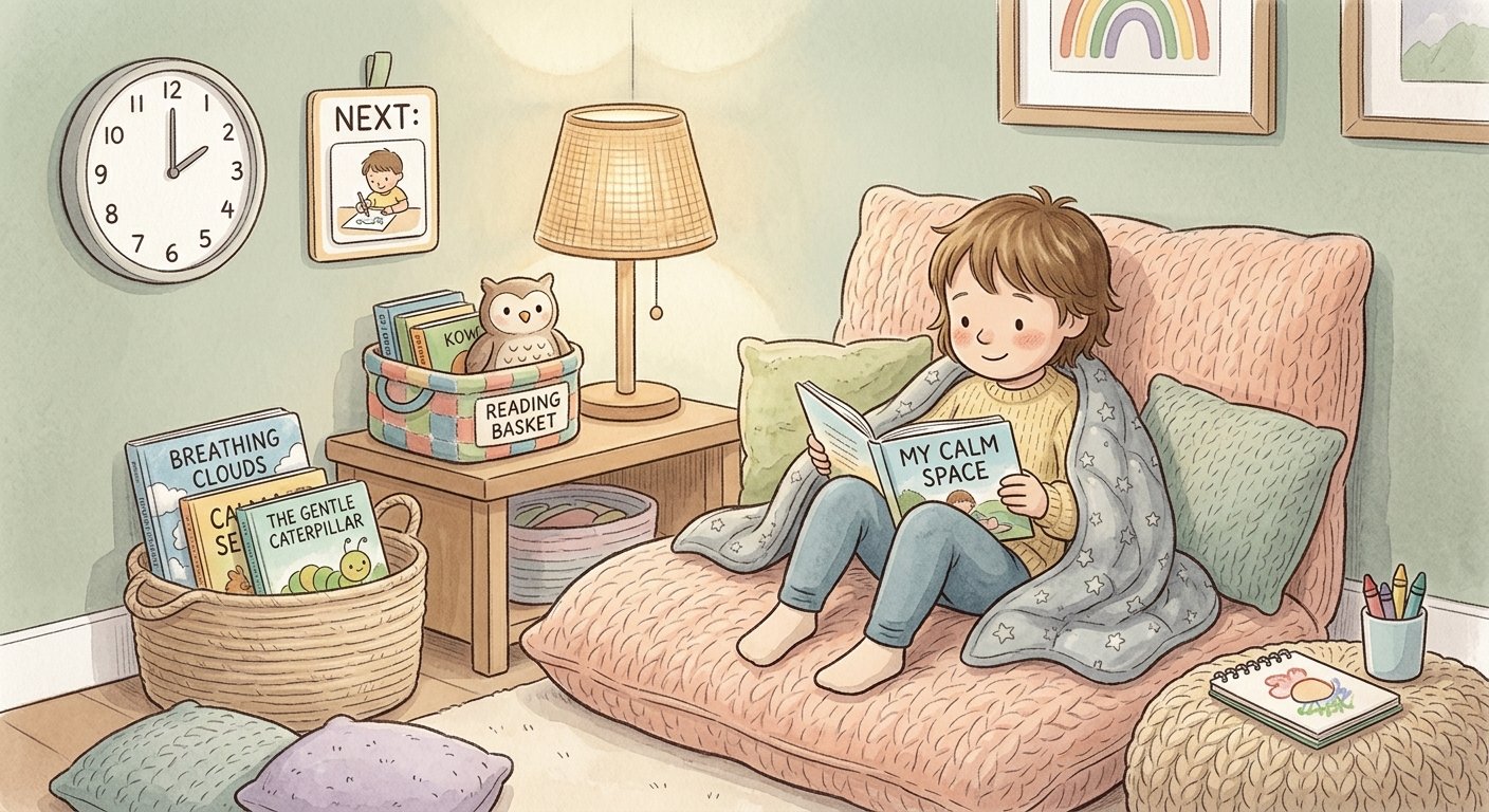 sensory friendly literacy space for neurodivergent children with soft lighting and calm textures