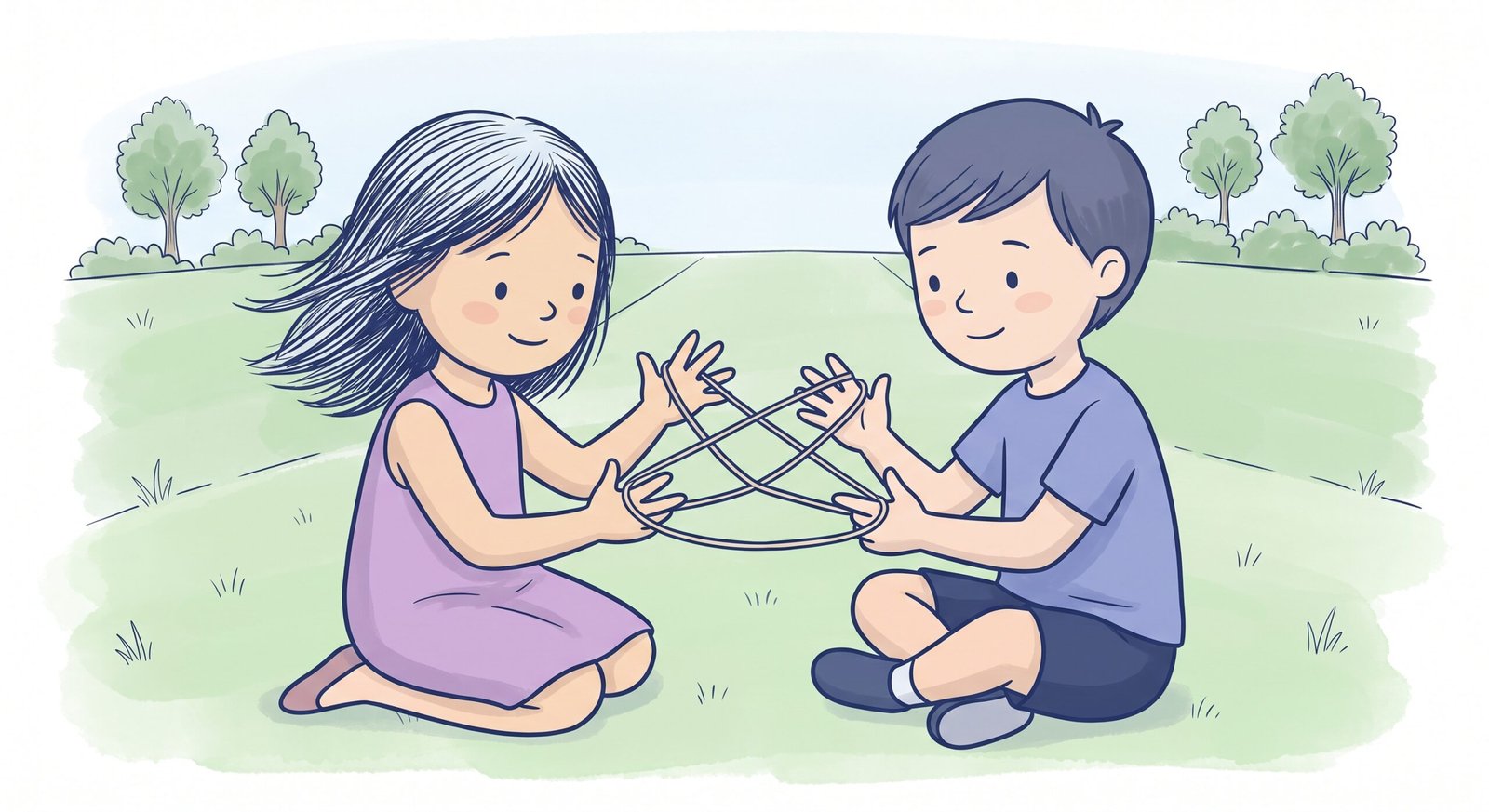 Hands weaving string figures in a traditional game of cat's cradle