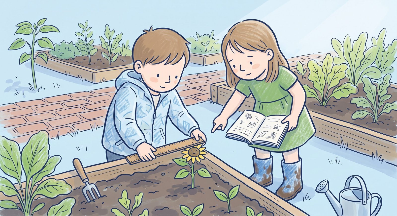 Children observing green sprouts and plant life cycle in a wooden garden bed