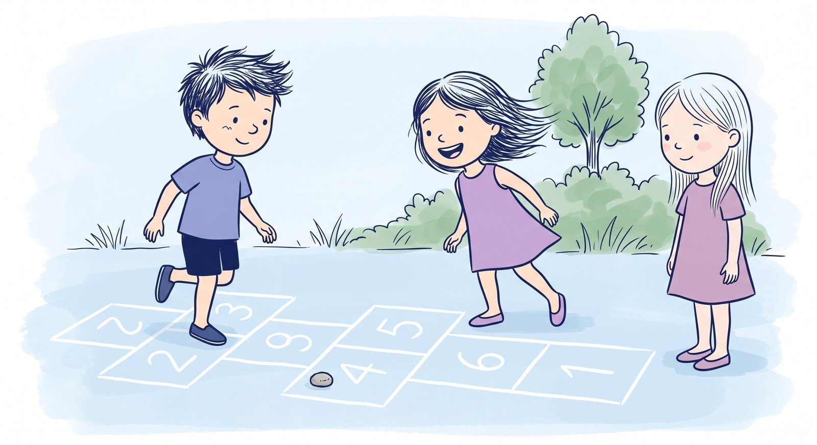 Child jumping through an outdoor sidewalk chalk hopscotch grid