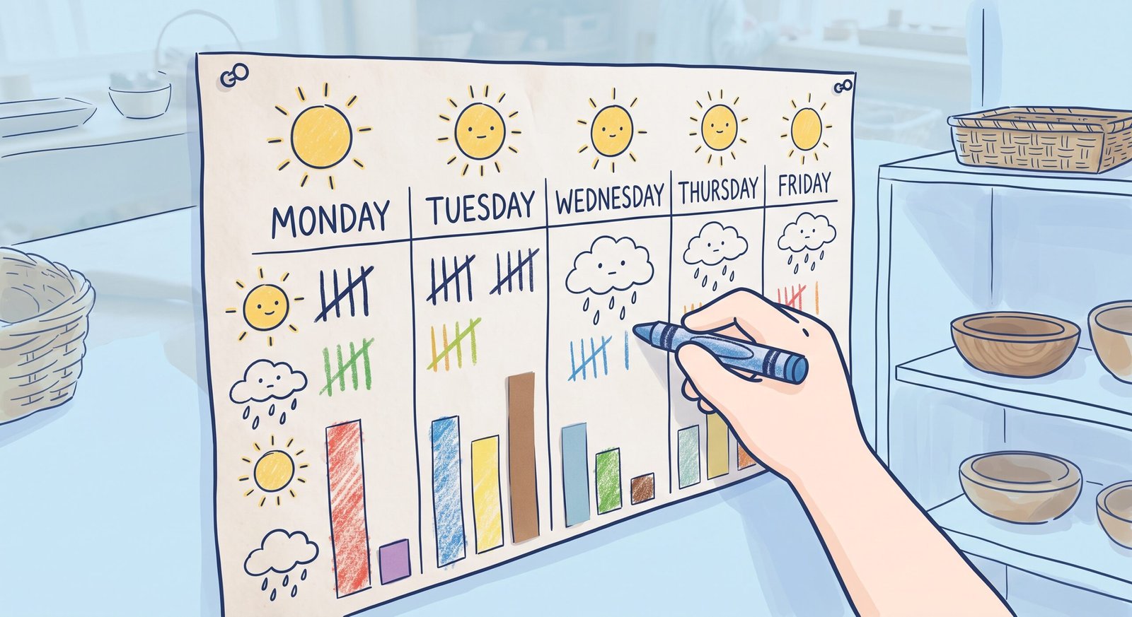 Child made weather chart tracking weekly sky conditions with tallies and art