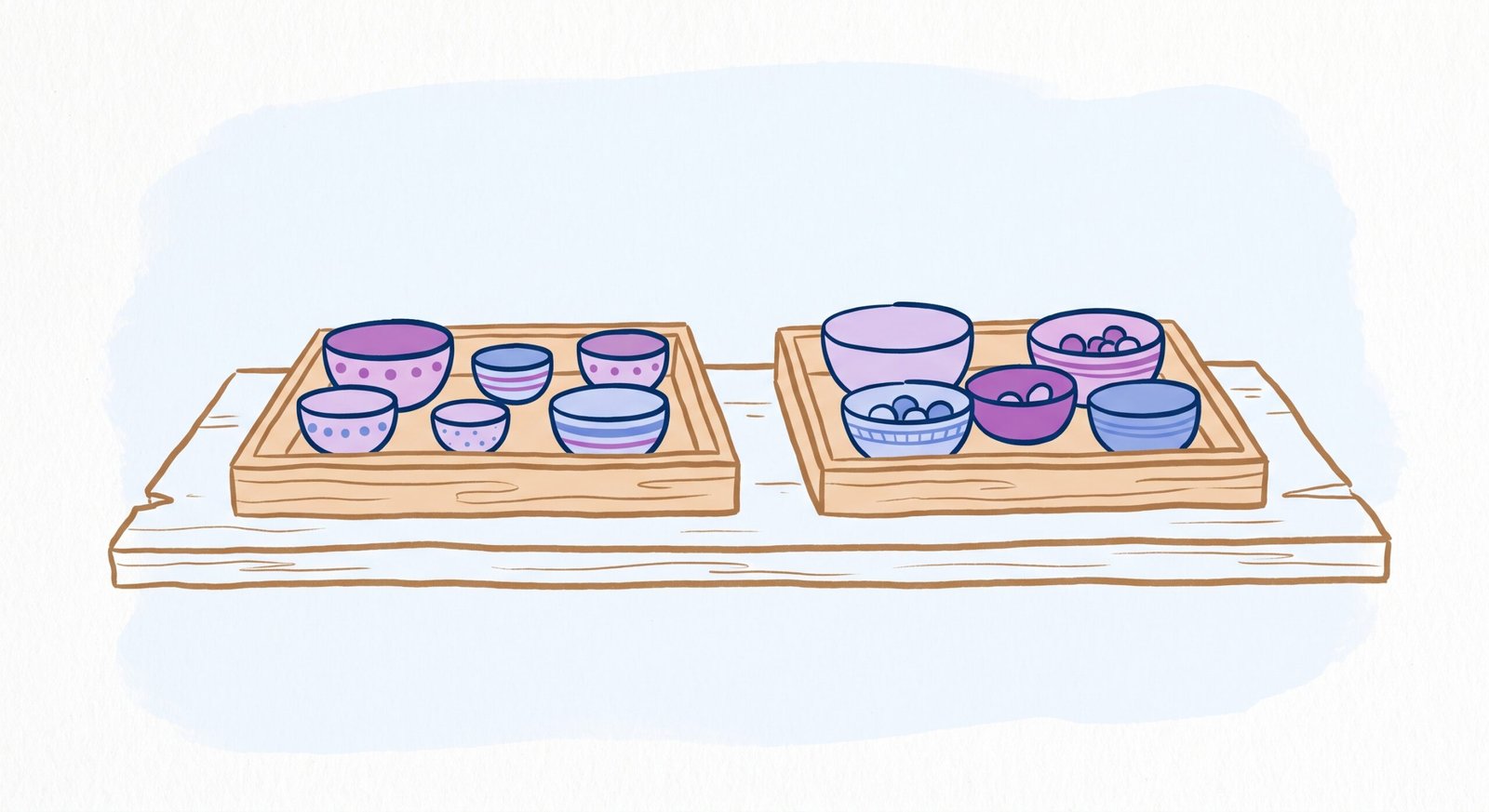 Clutter free early learning storage shelf featuring simple wooden sorting trays in a tranquil educational setting.