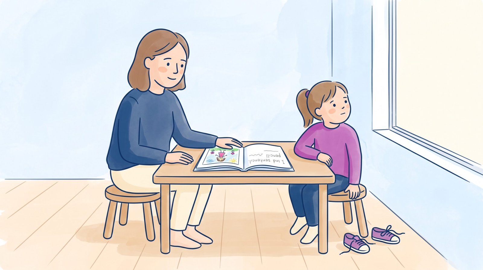 ADHD skills inconsistency explained: mother sitting at a low timber table holding her daughter's school workbook with kindness