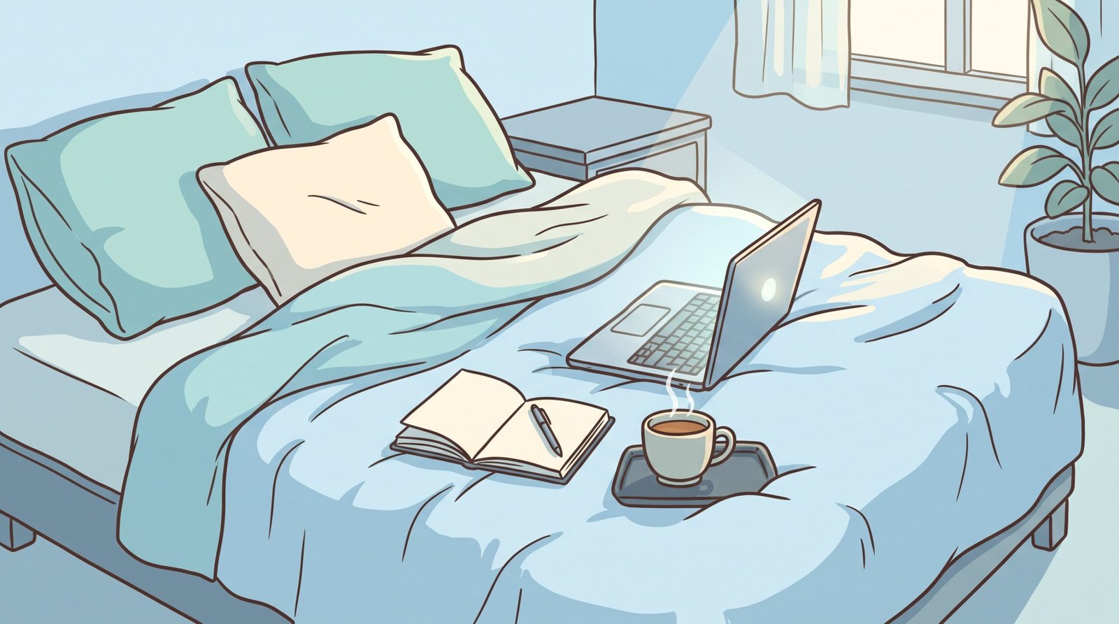 ADHD Work Environment: Study in Bed with laptop notebook and warm tea