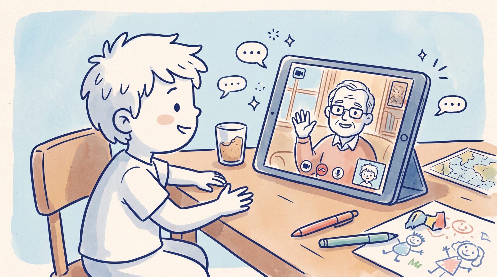 A bilingual child learning English second language through live video calls with a family member