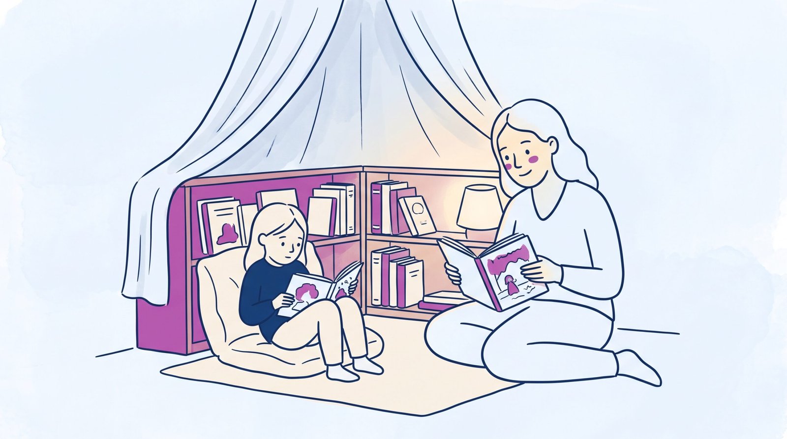 Calm corner design early childhood: minimalist storybook illustration of educator and six year old girl sitting peacefully in a reading sanctuary