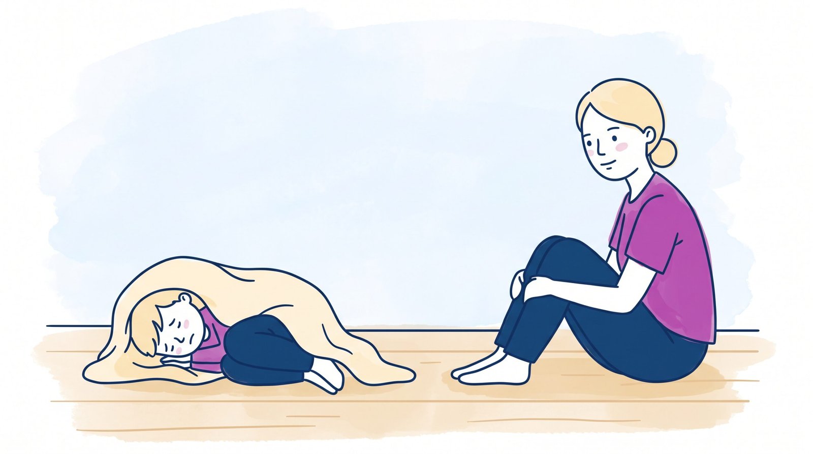 Child meltdown co-regulation: minimalist storybook illustration of educator sitting quietly near a dysregulated child
