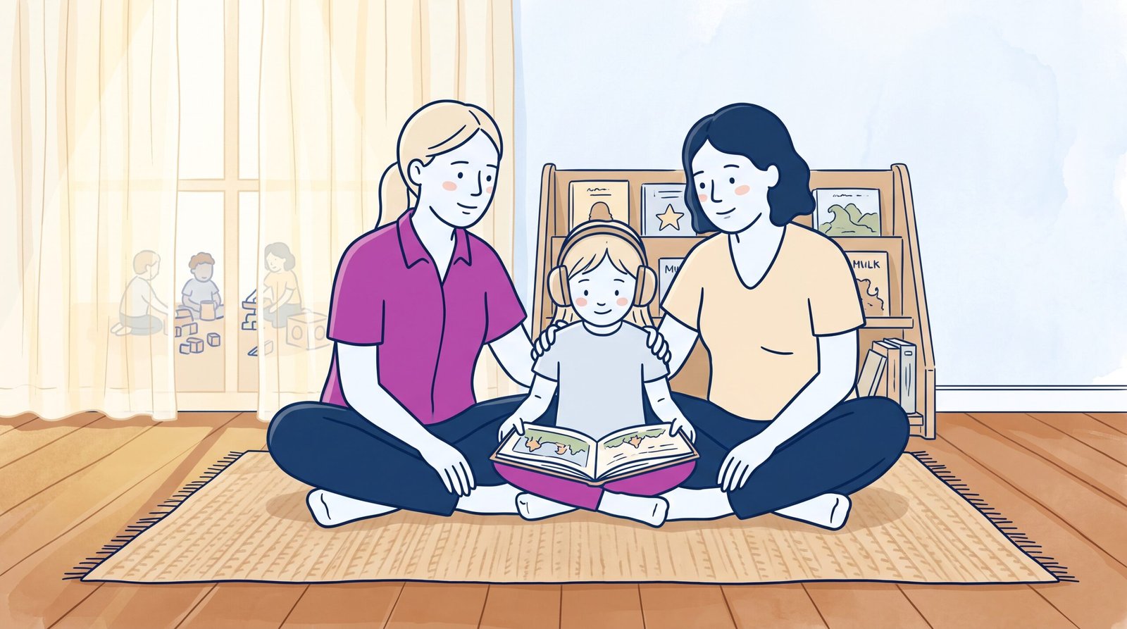 Classroom noise sensory overload: educator sitting beside a young girl wearing soft neutral ear defenders in a calm reading corner