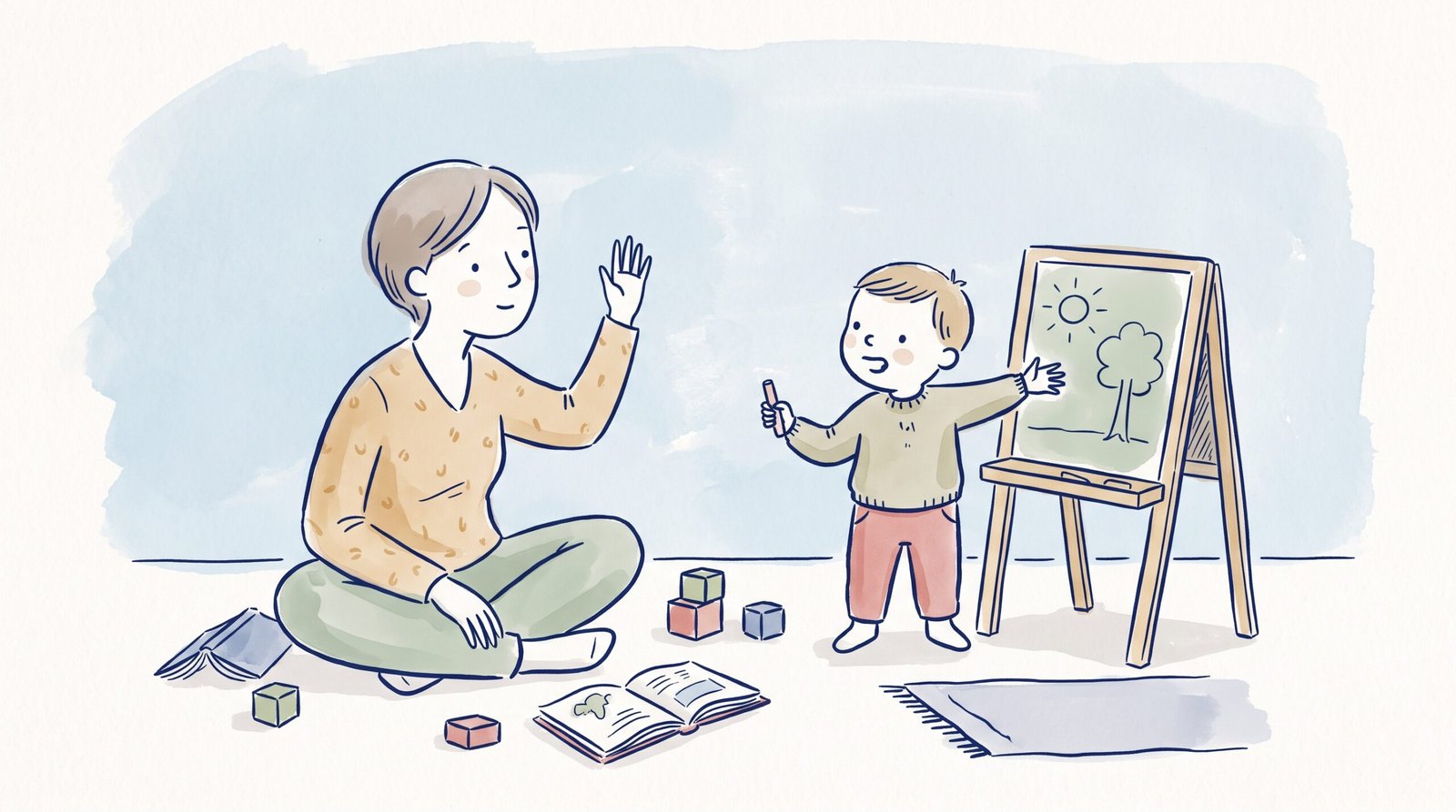 Adult sitting on the floor raising a hand like a student while a child plays teacher, showing collaborative Vygotsky's play theory