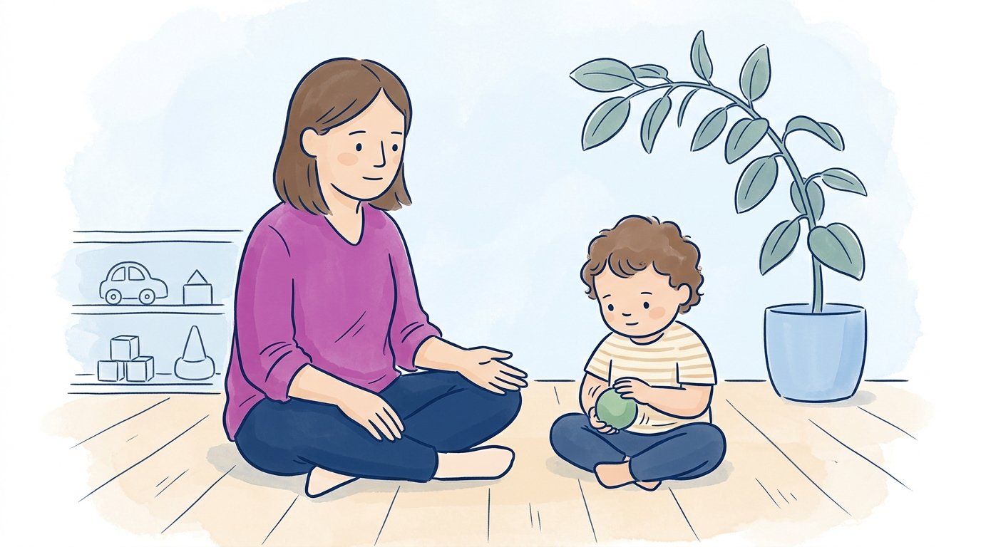 Coregulation strategies early childhood: minimalist storybook illustration of educator seated calmly near a child rolling a soft felt ball