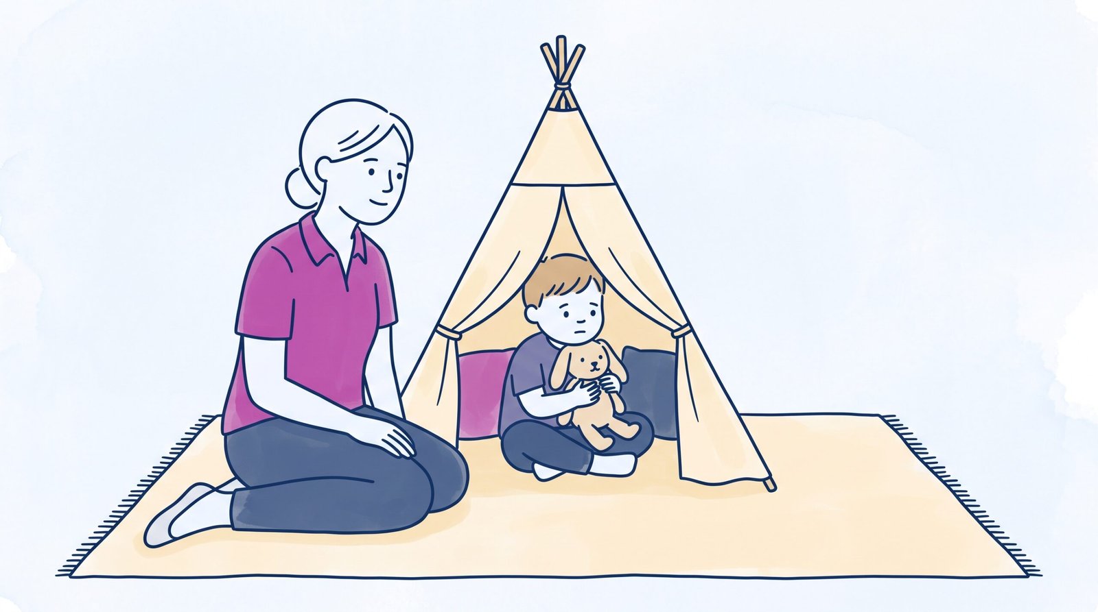 Fight flight freeze children ADHD: minimalist storybook illustration of educator supporting a child resting inside a quiet tent