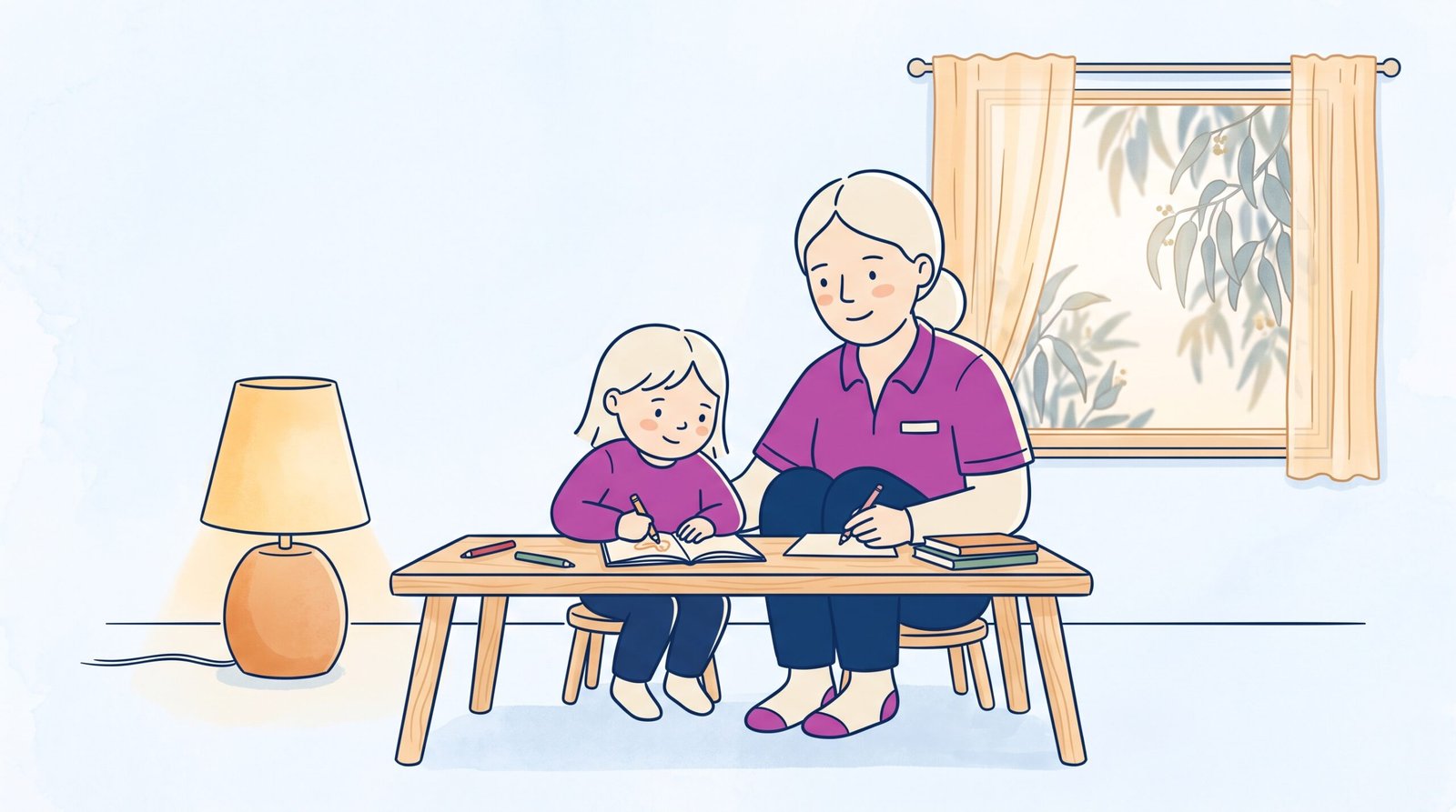 Lighting fluorescent flicker ADHD: minimalist storybook illustration of educator and six year old girl drawing near a soft warm lamp