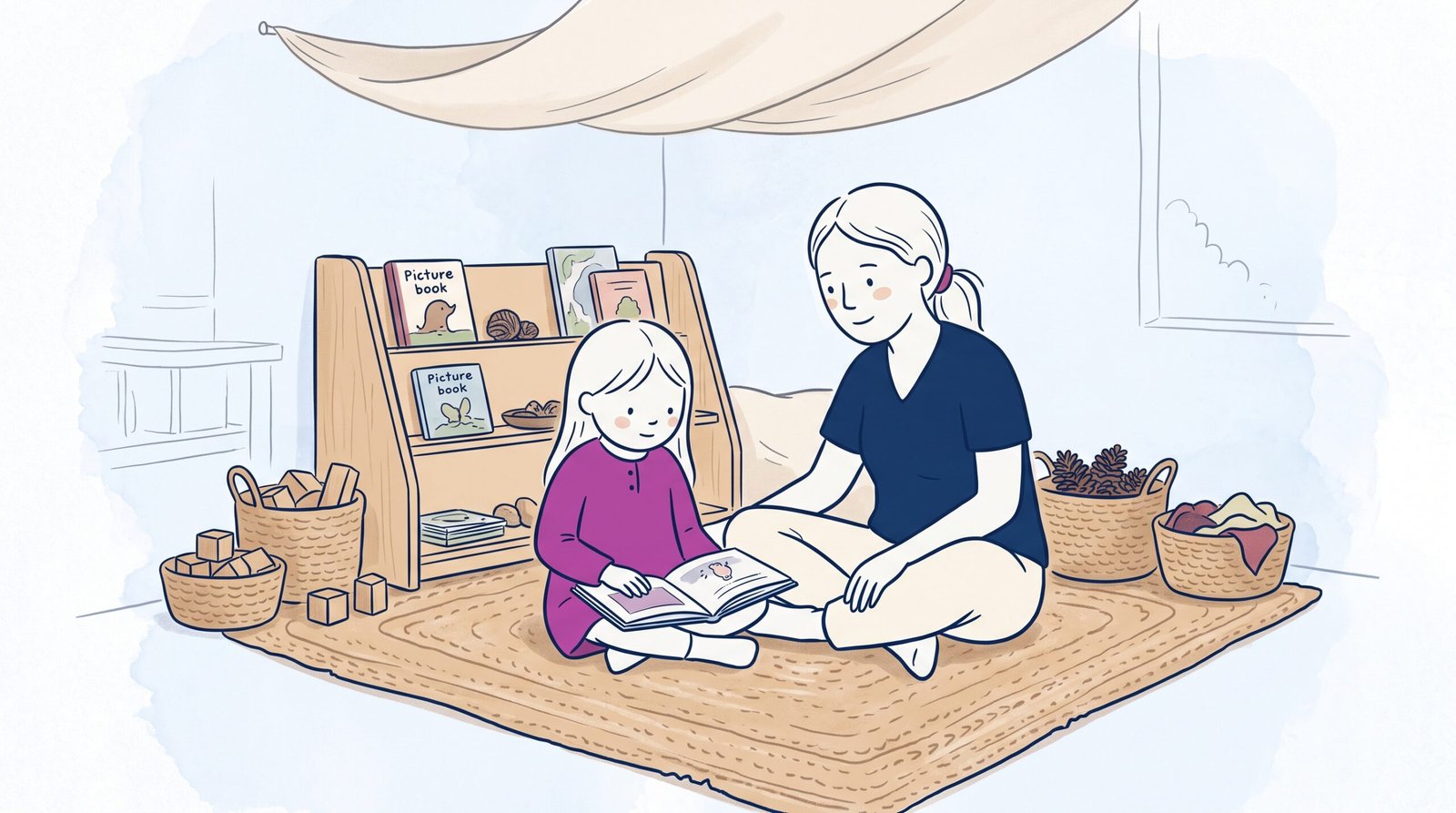 Low-cost sensory classroom setup: minimalist storybook illustration of educator and six year old girl in a calm reading corner