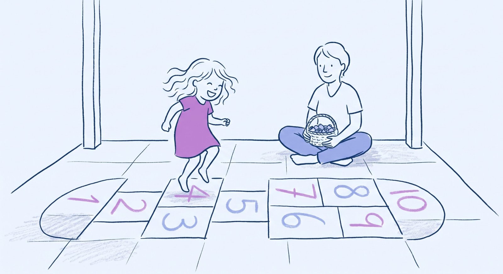 Math games for kids showing a young girl jumping on an outdoor numbered chalk line on a sunny Australian verandah
