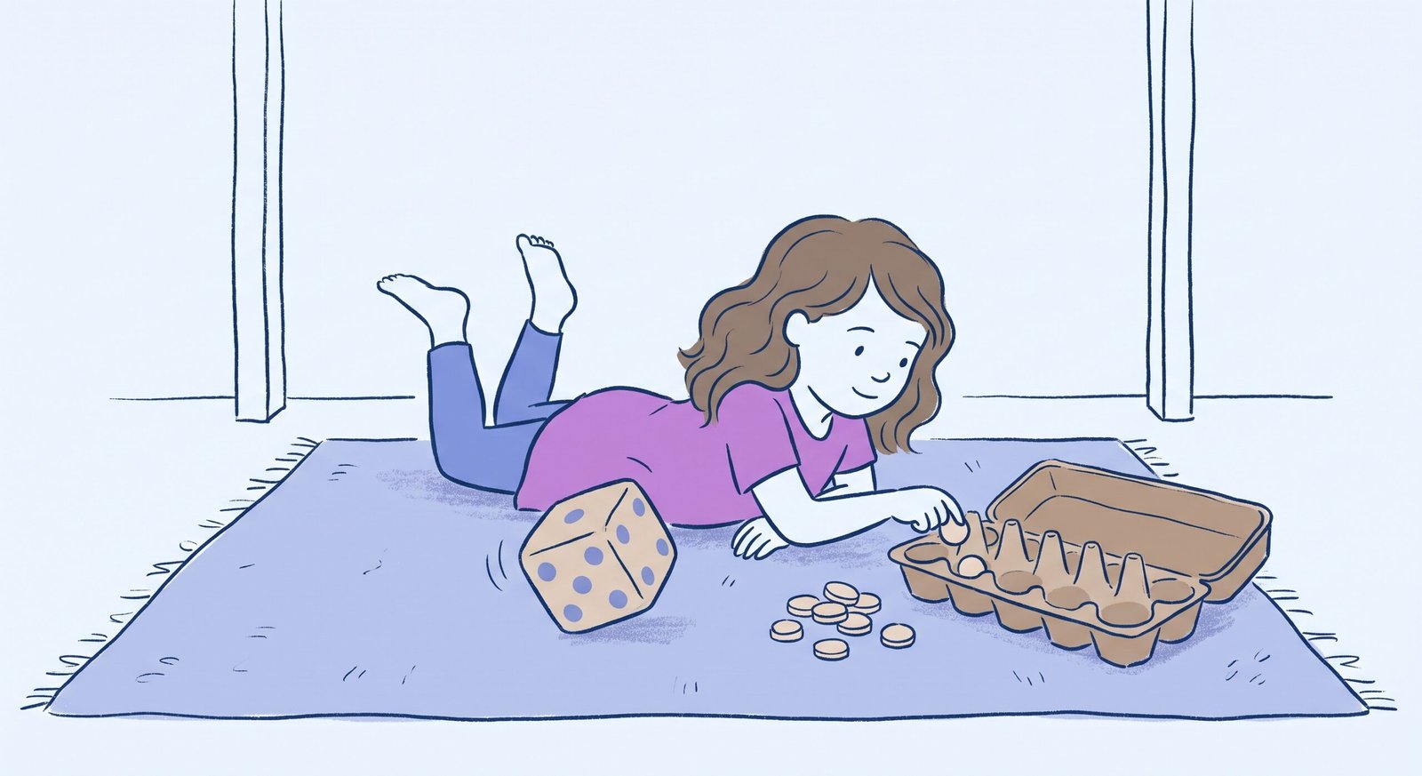 Young child playing sensory friendly math games for kids lying on a rug with an egg carton and wooden counters