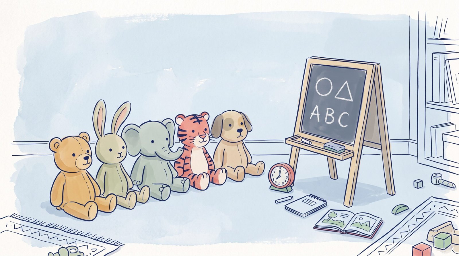 Row of soft toys lined up as students in front of a small chalkboard for pretend classroom Vygotsky's play theory at home