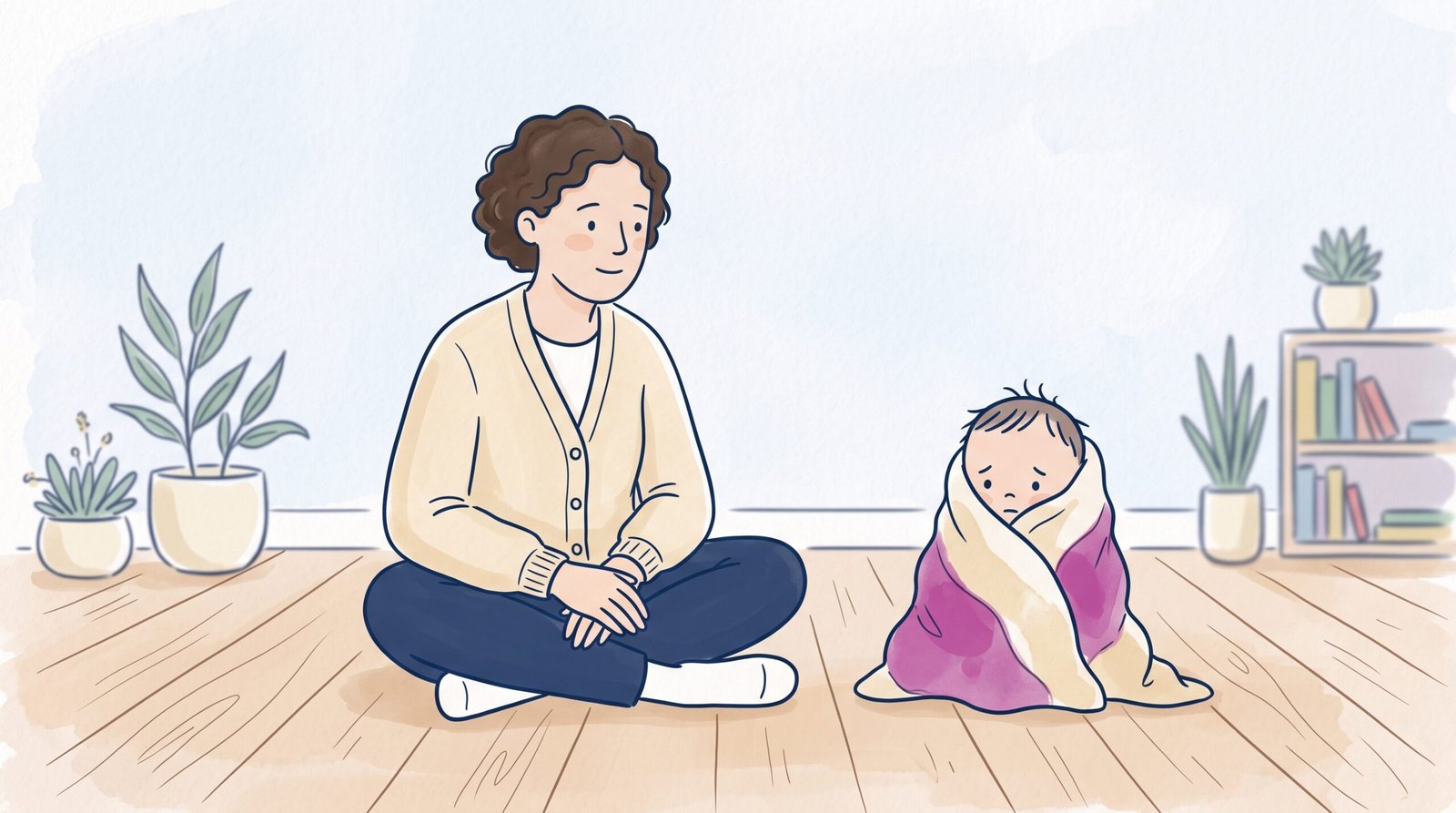 Regulation and behaviour in early childhood: minimalist storybook illustration of educator co-regulating with a child on timber floor