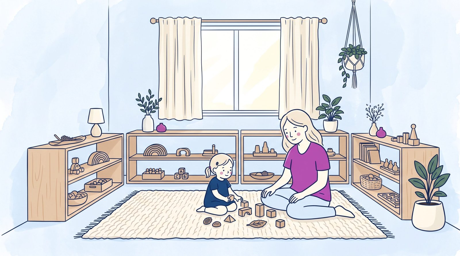 Sensory environment early childhood: minimalist storybook illustration of calm classroom with soft lighting and natural timber zoning