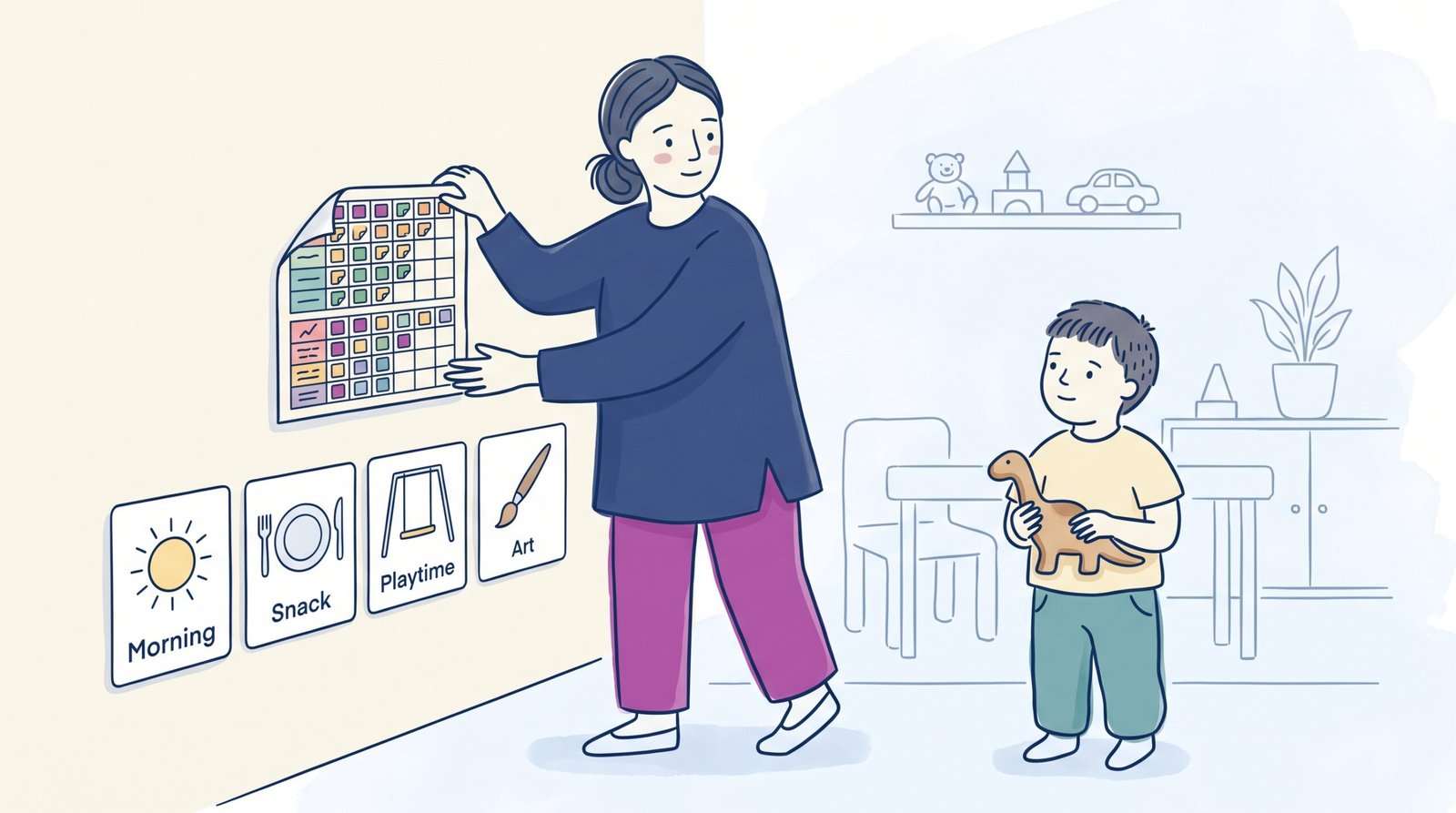 ADHD behaviour strategies: minimalist storybook illustration of educator replacing a sticker chart with visual sequence cards