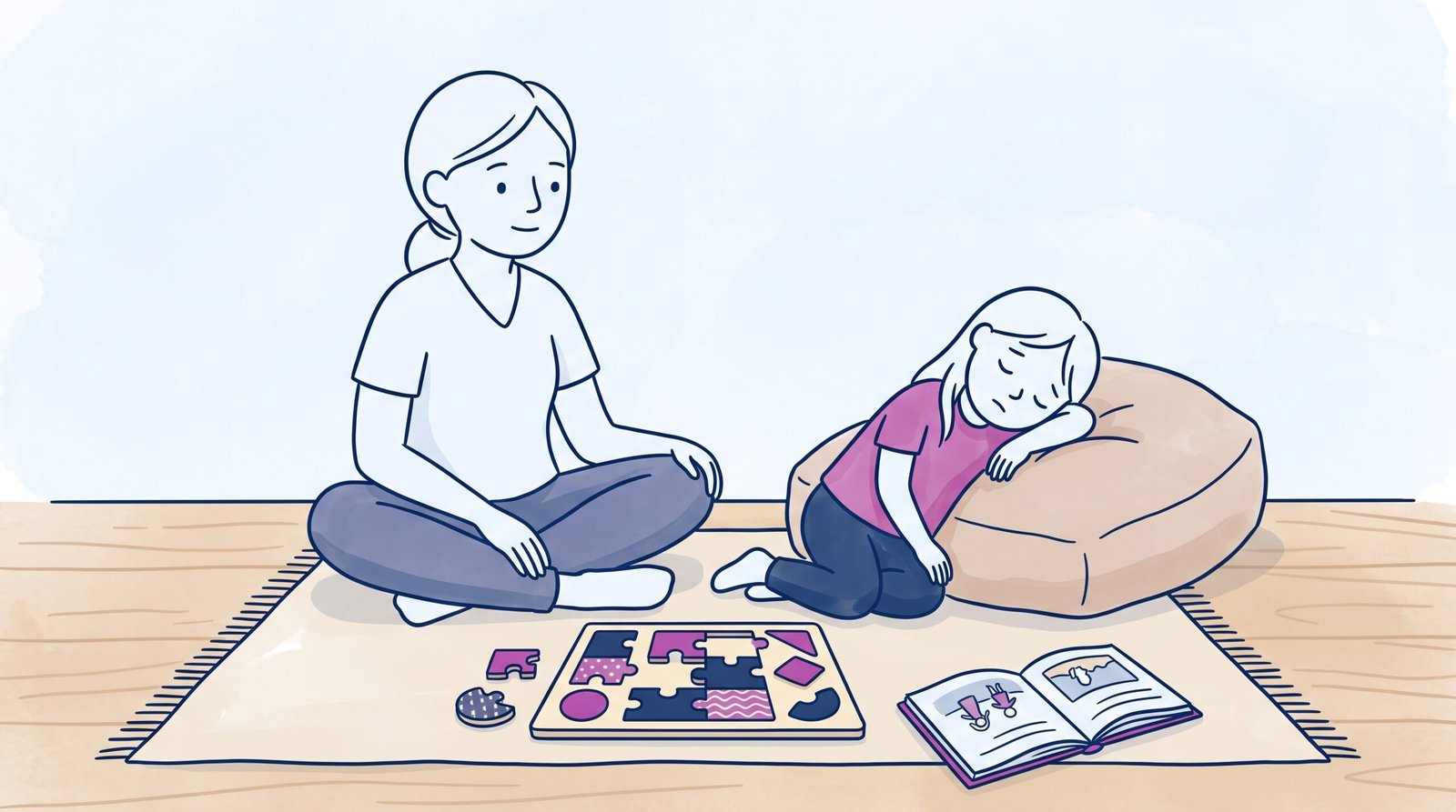Why child can do it some days not others: mother sitting on the timber floor helping her six year old daughter put on her runners