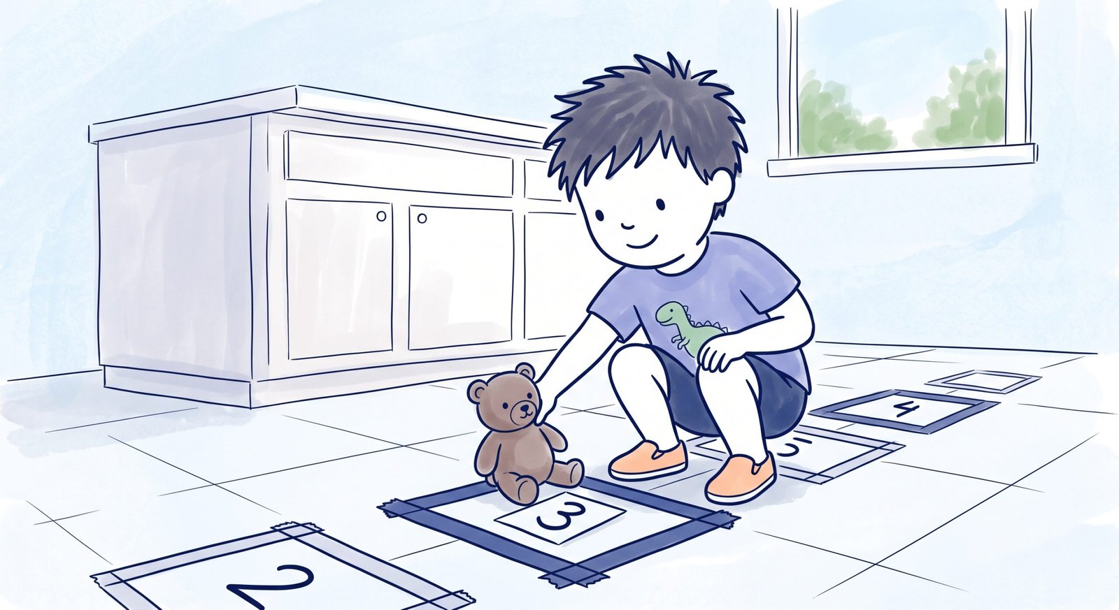 Child delivering a small toy to a number on the ground during a counting game