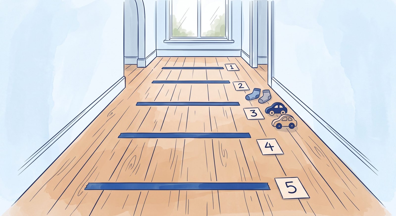 Painter tape hallway setup for teaching early math skills with a number line jumping game