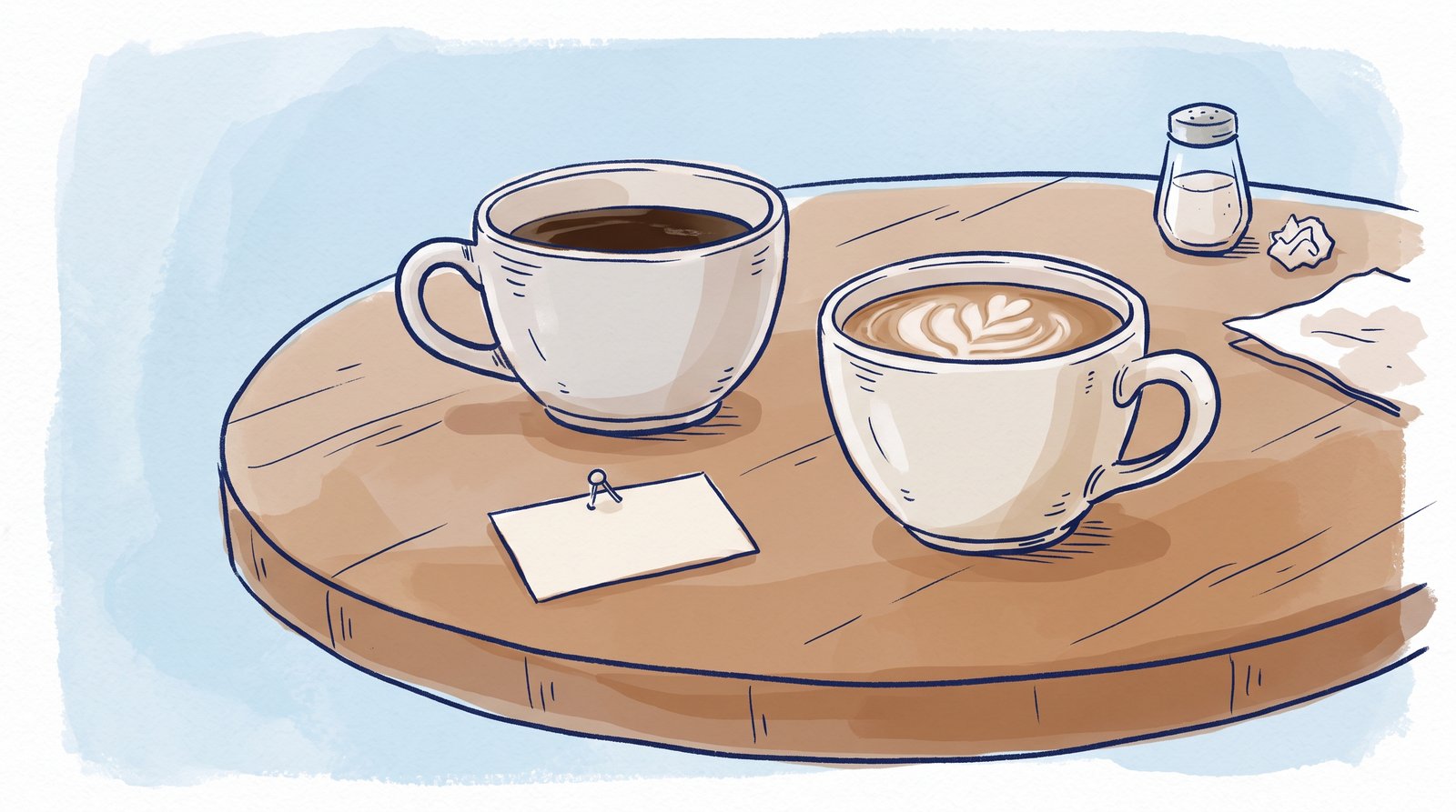 Two coffee cups and a blank name tag on a café table representing ADHD and forgetfulness with names