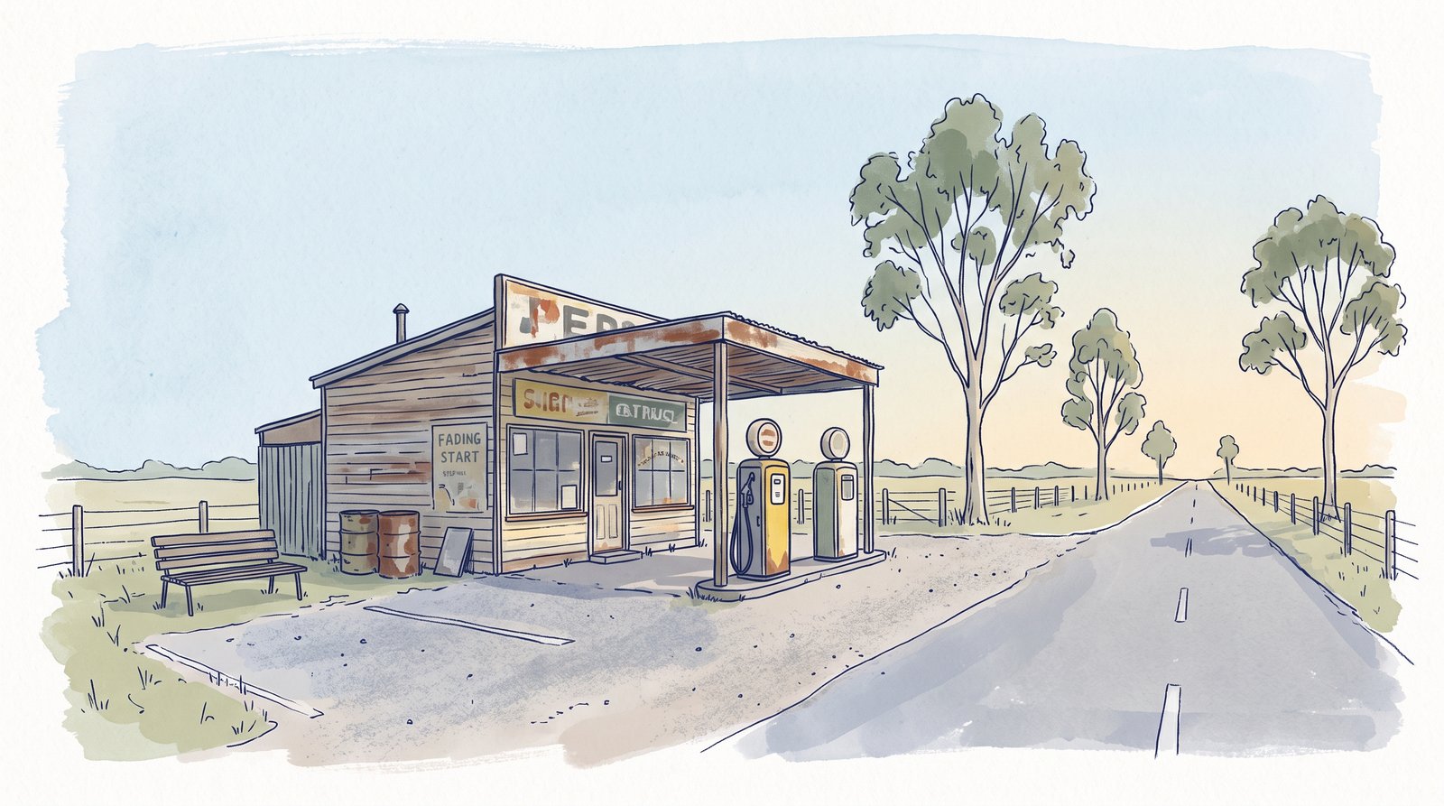 Quiet country petrol station on a Victorian road where a forgetful mum drove off without her daughters