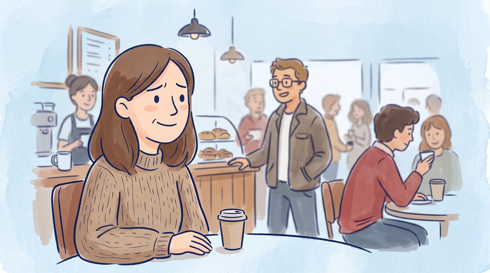 Woman recognising a familiar face in a crowd but struggling to remember the person's name, illustrating adult ADHD memory problems