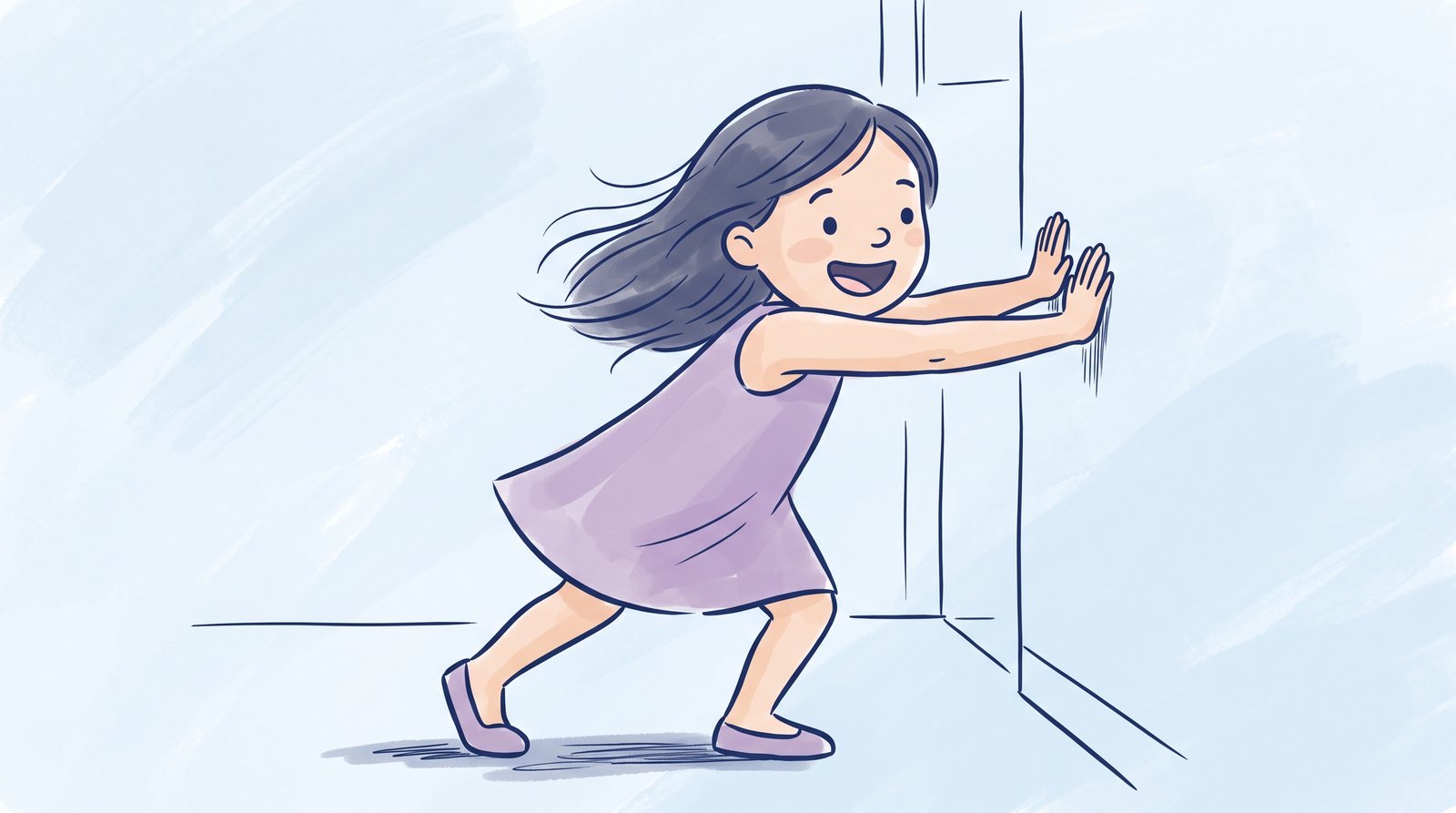 Illustration of a young girl pressing both palms flat against a wall